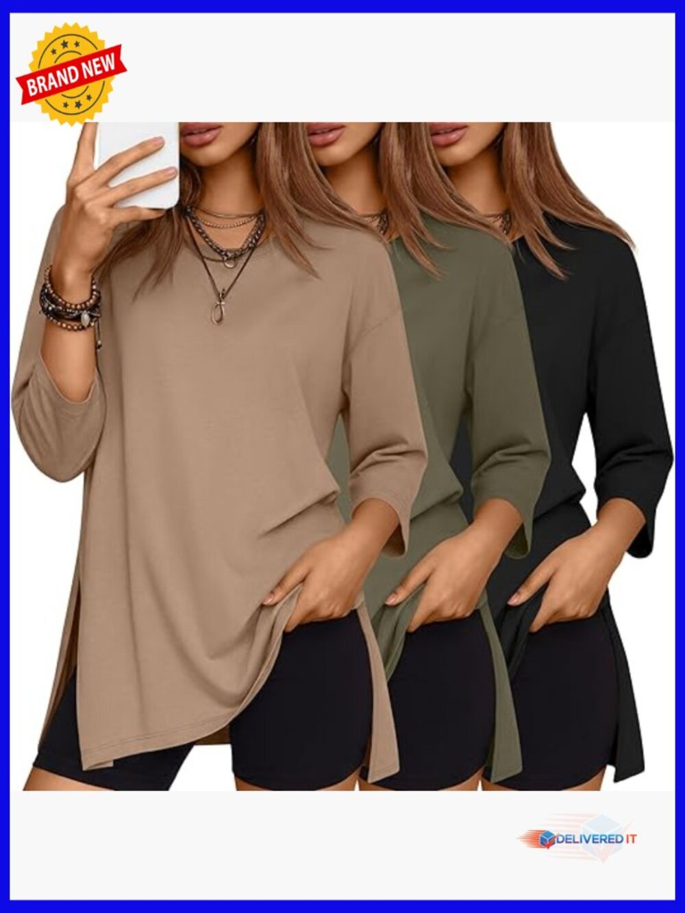 3 Pack Oversized 3/4 Sleeve T Shirts Crewneck Loose Fit Side Split